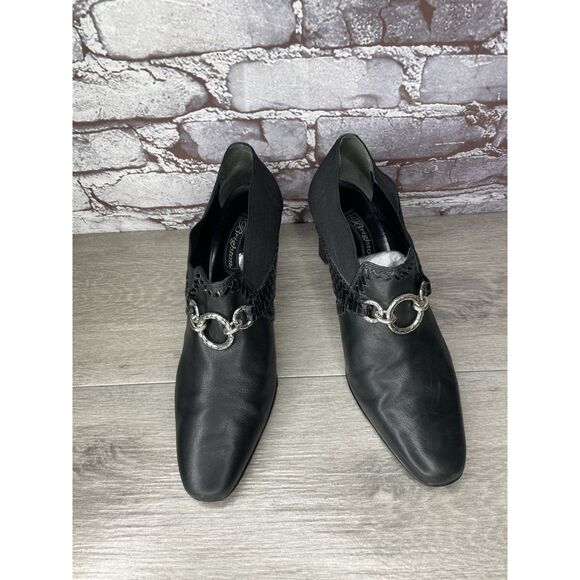 Brighton Rizzo Black Leather Silver Elastic Heel Ankle Booties Women 10M US/41EU - Picture 3 of 16